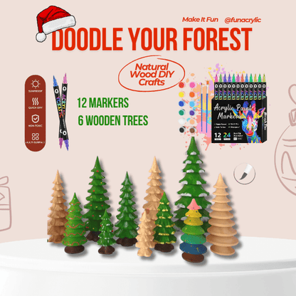 DIY kit bundle including six wooden trees, markers, and paint supplies