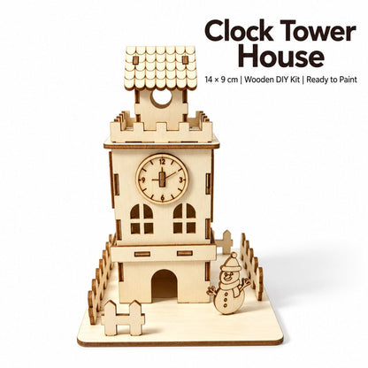 Clock tower themed DIY wooden Christmas house with festive details