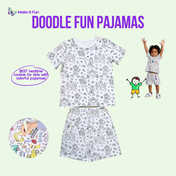 Fun and colorful short-sleeve pajamas for kids, perfect for coloring and bedtime routines.