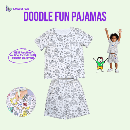 Fun and colorful short-sleeve pajamas for kids, perfect for coloring and bedtime routines.