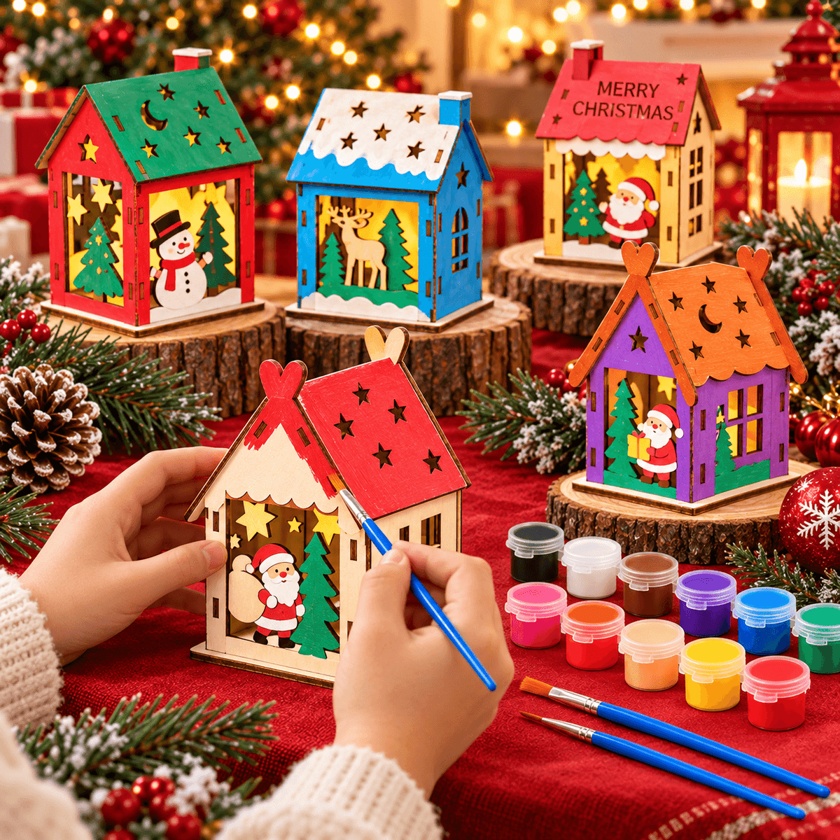 Colorful set of five painted wooden Christmas houses displayed with holiday decorations