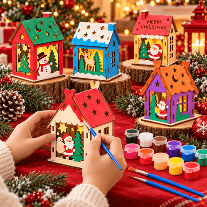 Colorful set of five painted wooden Christmas houses displayed with holiday decorations