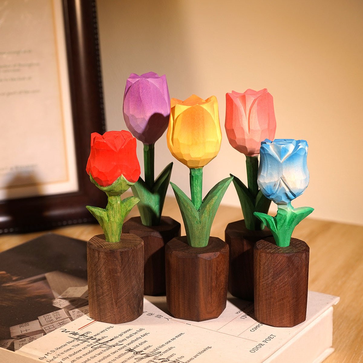 Colorful wooden tulip decorations in modern vases