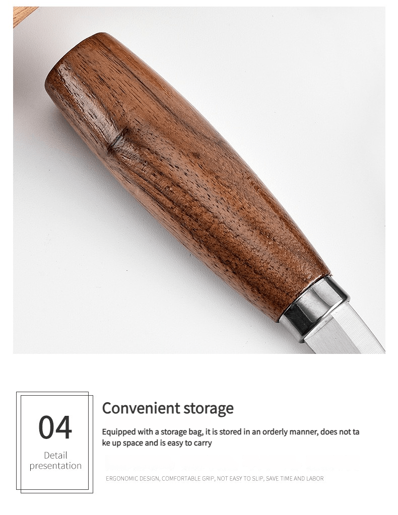The product features a wooden handle designed for comfortable grip and easy storage.