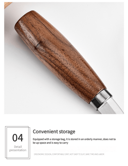 The product features a wooden handle designed for comfortable grip and easy storage.