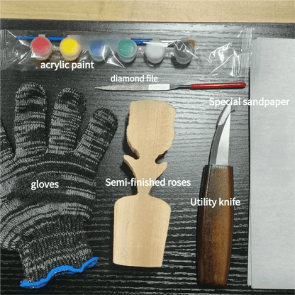 An assortment of crafting tools including acrylic paint, a diamond file, gloves, semi-finished wooden roses, a utility knife, and special sandpaper.