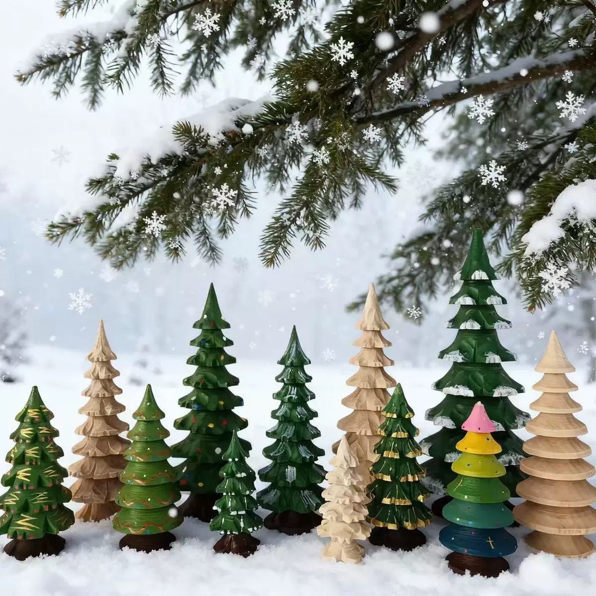 Collection of wooden trees painted with stripes, dots, and snowflakes