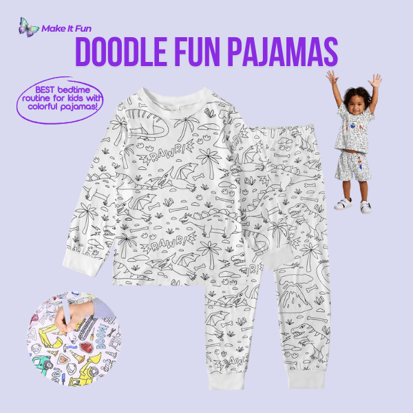 dinosaur themed short sleeve pajamas with planet outlines for kids to color