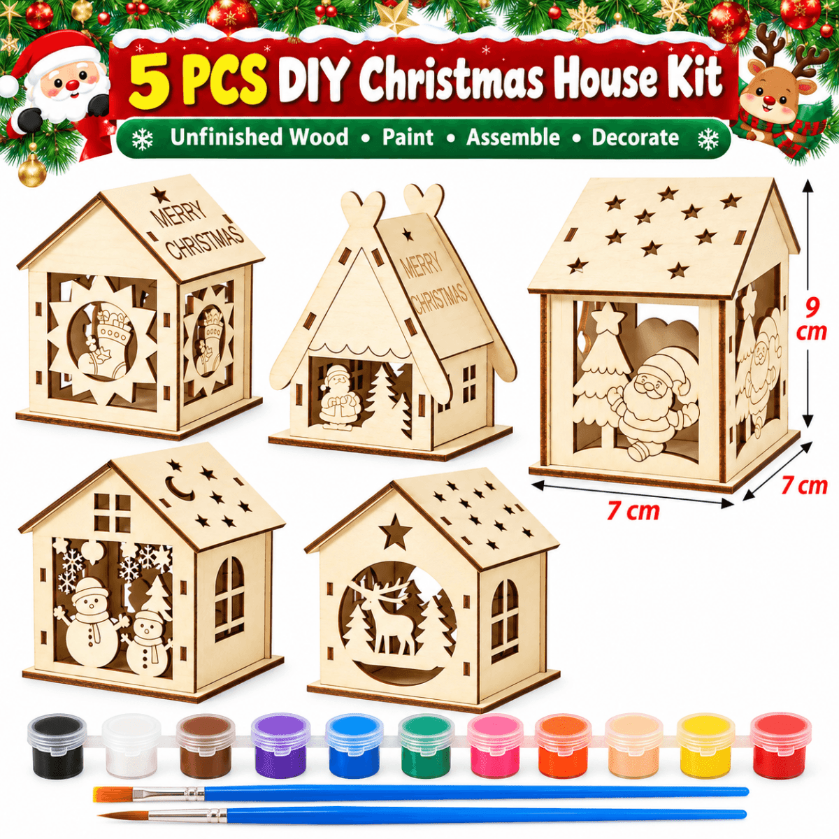 DIY Christmas house painting kit with five wooden houses, paints, and brushes
