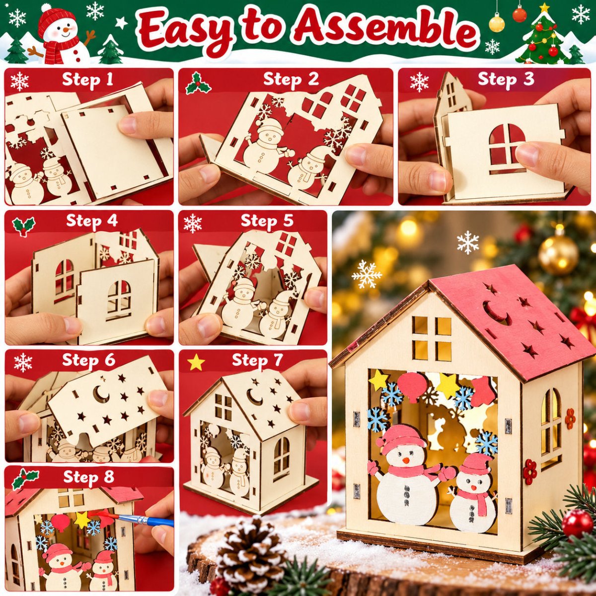 Step-by-step assembly of a DIY wooden Christmas house kit