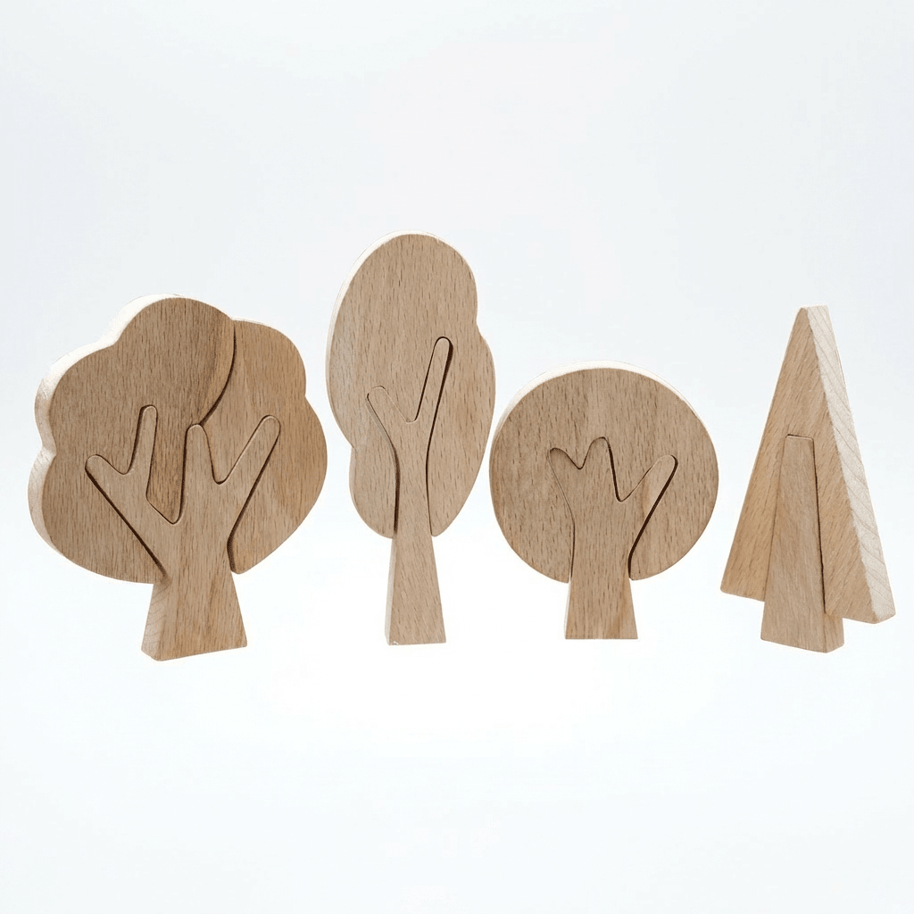 A variety of hand-carved wooden tree shapes ready for DIY painting.