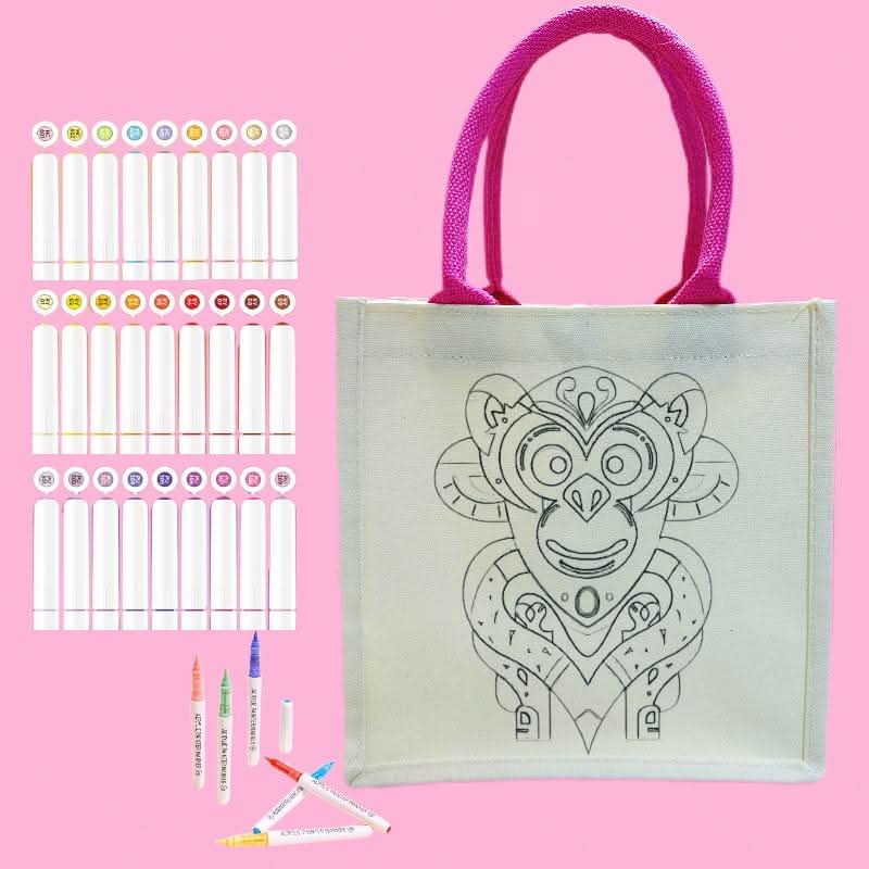 Canvas tote bag featuring a cute monkey outline ready for DIY coloring and painting