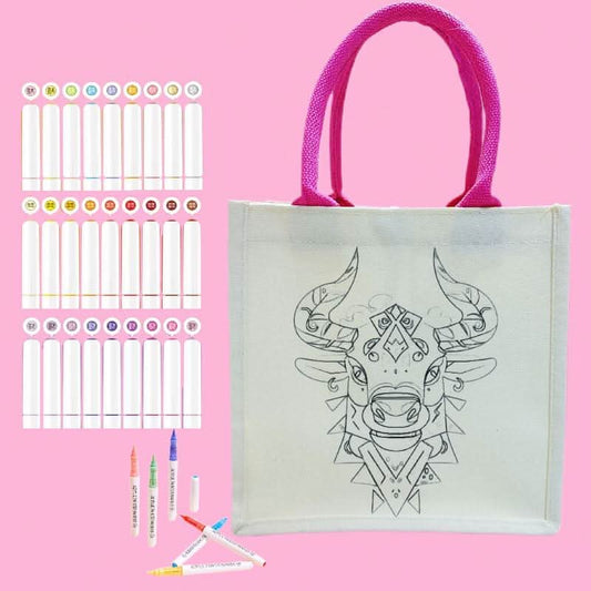 Canvas tote bag featuring a cute ox outline ready for DIY coloring