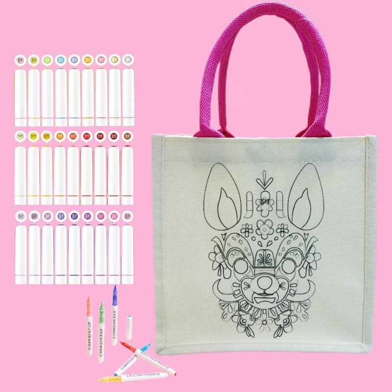 Canvas tote bag featuring a cute dogoutline ready for DIY coloring and painting
