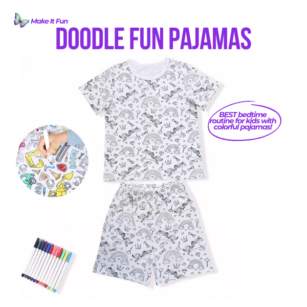 Color-in short-sleeve pajamas for kids featuring fun doodle designs and vibrant colors.