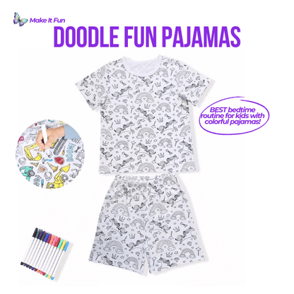 Color-in short-sleeve pajamas for kids featuring fun doodle designs and vibrant colors.
