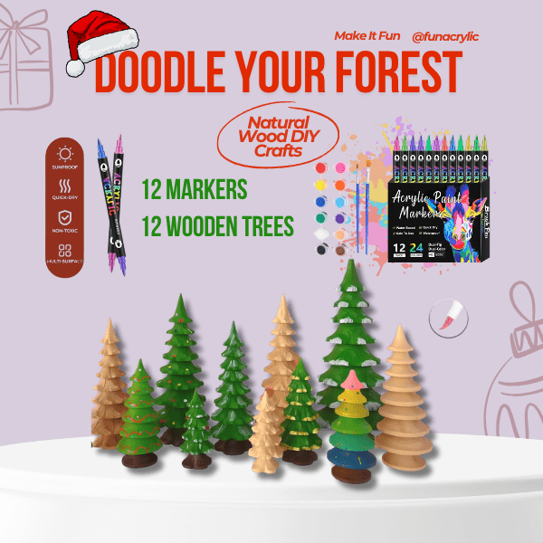Box of 12 dual-tip acrylic paint markers offering 24 vibrant colors and wooden trees