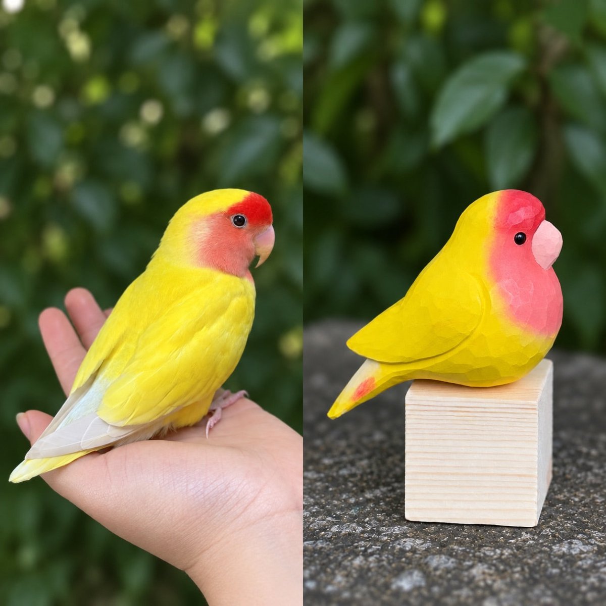 Two colorful hand-painted wooden parrot figurines displayed outdoors