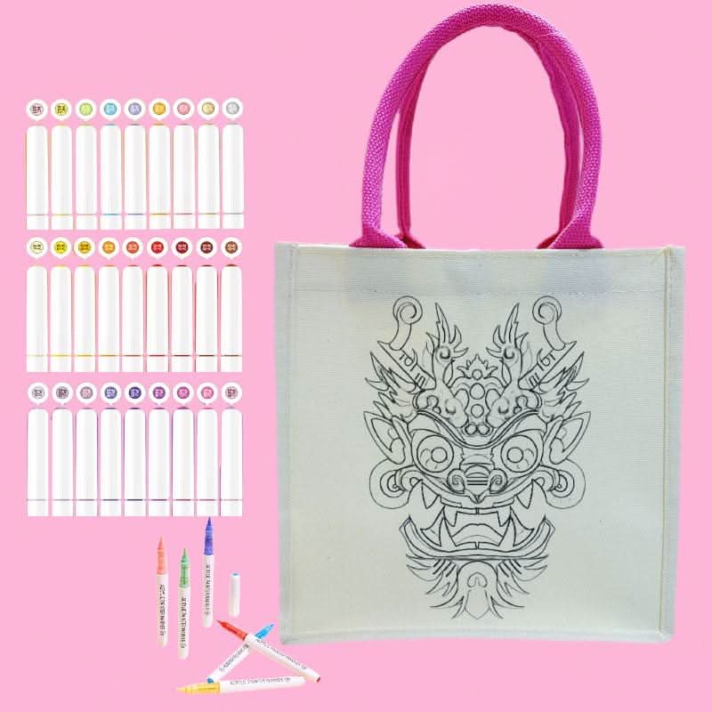 Canvas tote bag featuring a cute dragon outline ready for DIY coloring and painting