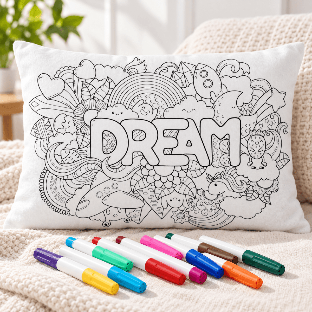 Uncolored dream-themed doodle pillowcase with outlined stars, rainbows, and playful designs