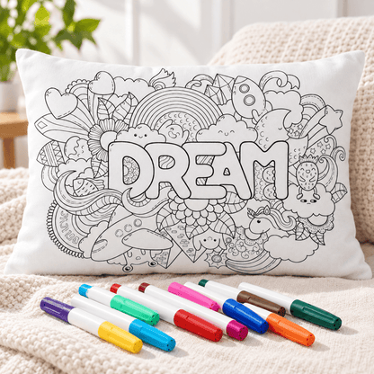 Uncolored dream-themed doodle pillowcase with outlined stars, rainbows, and playful designs