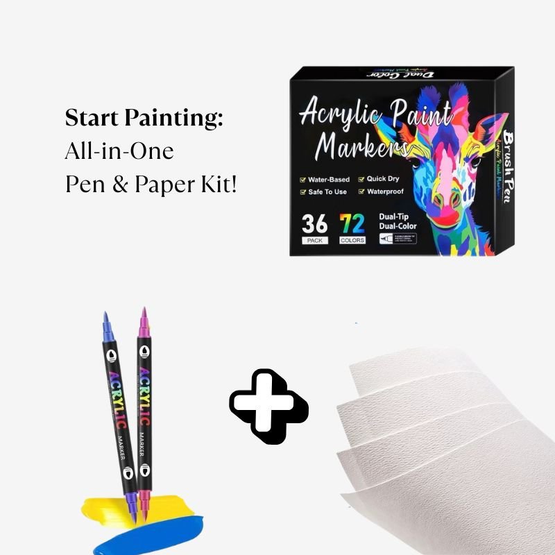 Dual-tip acrylic paint marker and paper craft kit with vibrant colors for creative projects.