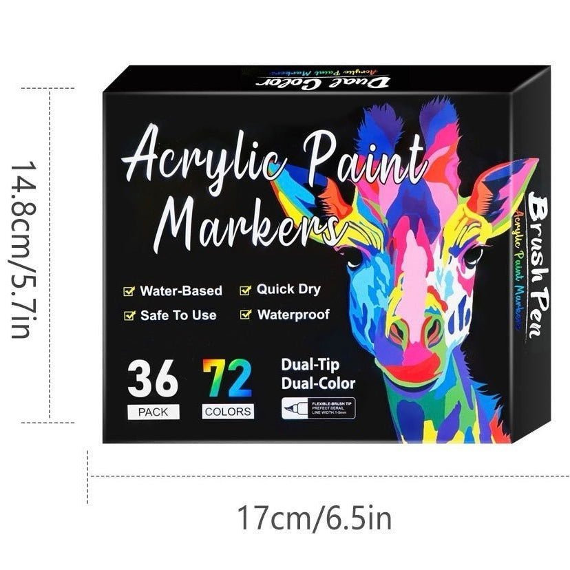 Colorful dual-tip acrylic paint pen markers with various colors for crafts, alongside decorated wooden slices.