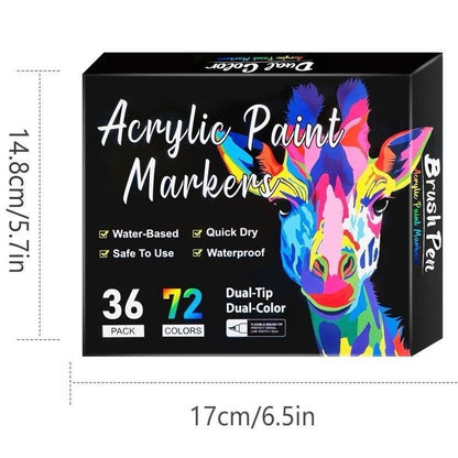 Colorful dual-tip acrylic paint pen markers with various colors for crafts, alongside decorated wooden slices.