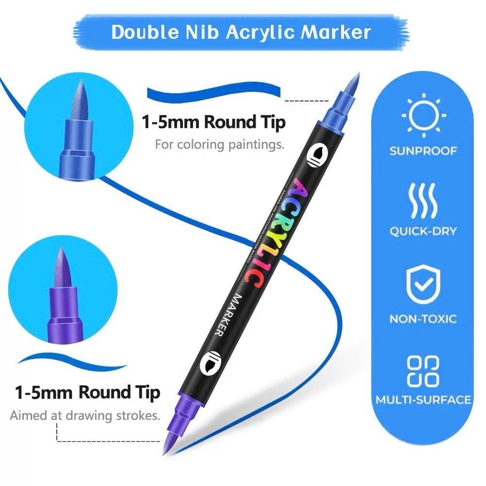 Dual tip acrylic paint pen marker suitable for various paper crafts, featuring a sunproof, quick-drying, non-toxic design.
