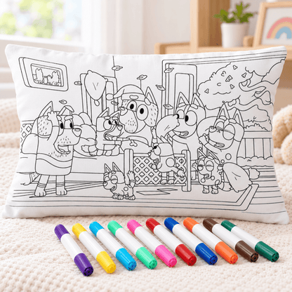 Uncolored cartoon dog family coloring pillowcase displayed with colorful fabric markers