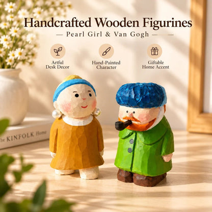 Pearl Girl and Van Gogh hand-carved wooden figurine set with English feature labels and detail photos