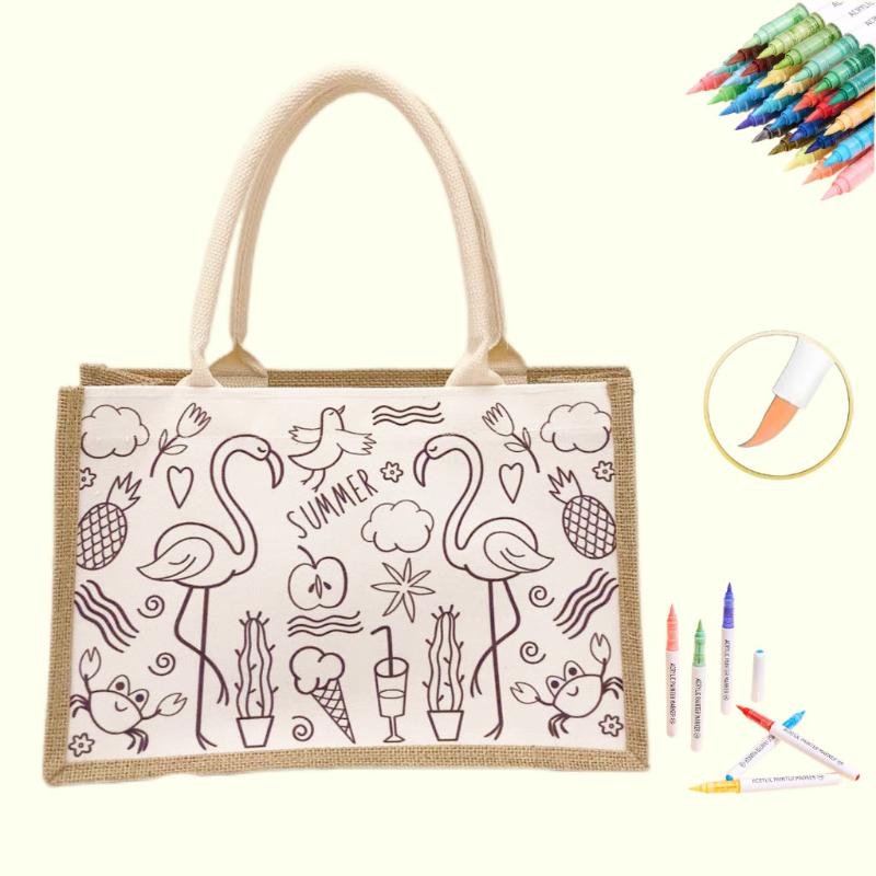 A DIY kit featuring a summer-themed flamingo tote bag with coloring designs and markers.