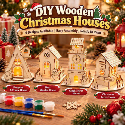 Collection of four DIY wooden Christmas house designs