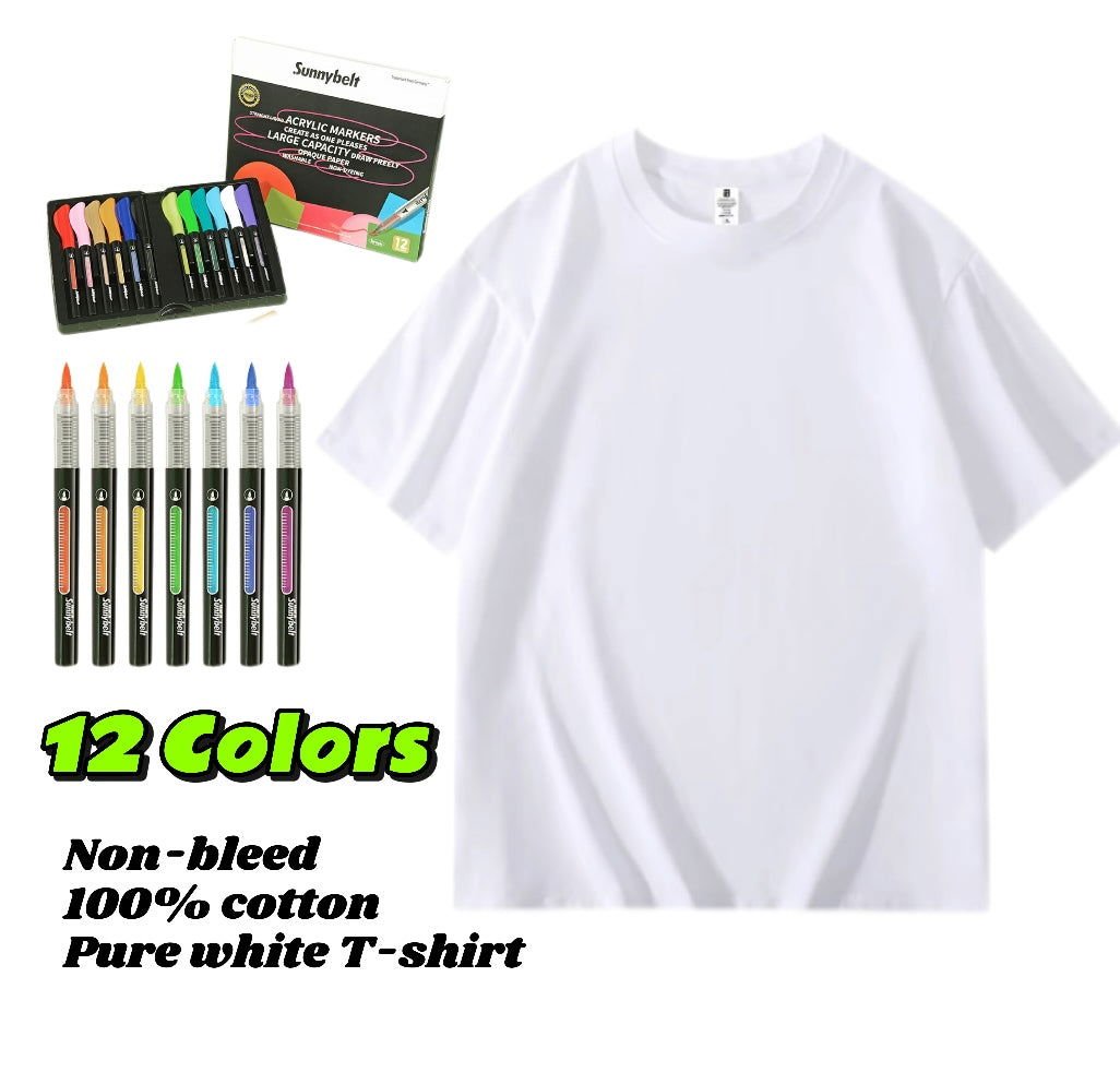 Fun DIY T-Shirt Art Kit featuring a pure white 100% cotton shirt and 12 colorful acrylic markers.