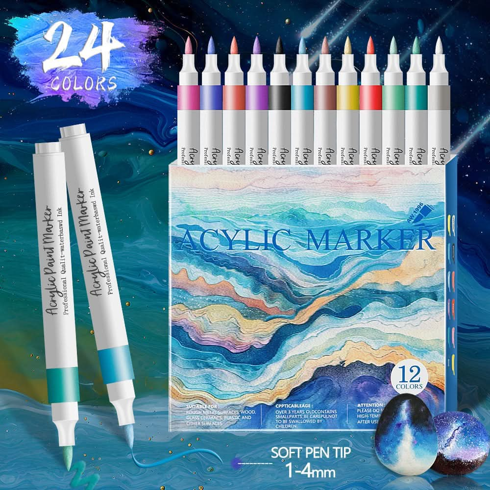 24-color acrylic paint marker set in dreamy blue-themed packaging, perfect for vibrant DIY projects and creative artwork.