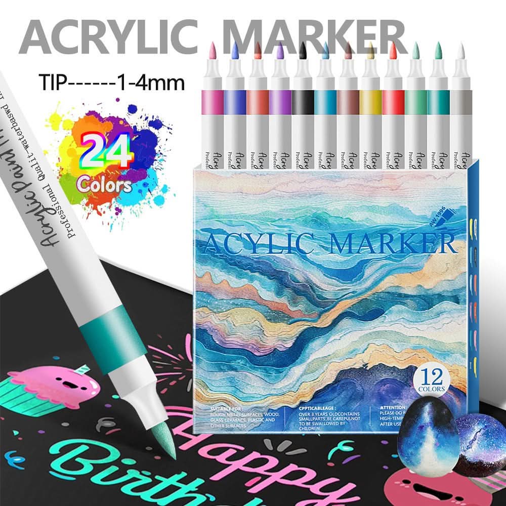 Acrylic markers in a variety of colors displayed with their packaging and sample artwork.