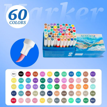A box of 60 vibrant acrylic markers with soft tips, showcasing a range of colors for creative projects.