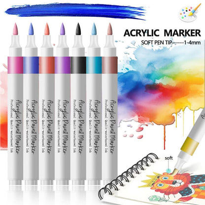 A set of acrylic markers with soft tips in various colors displayed on a colorful artistic background.