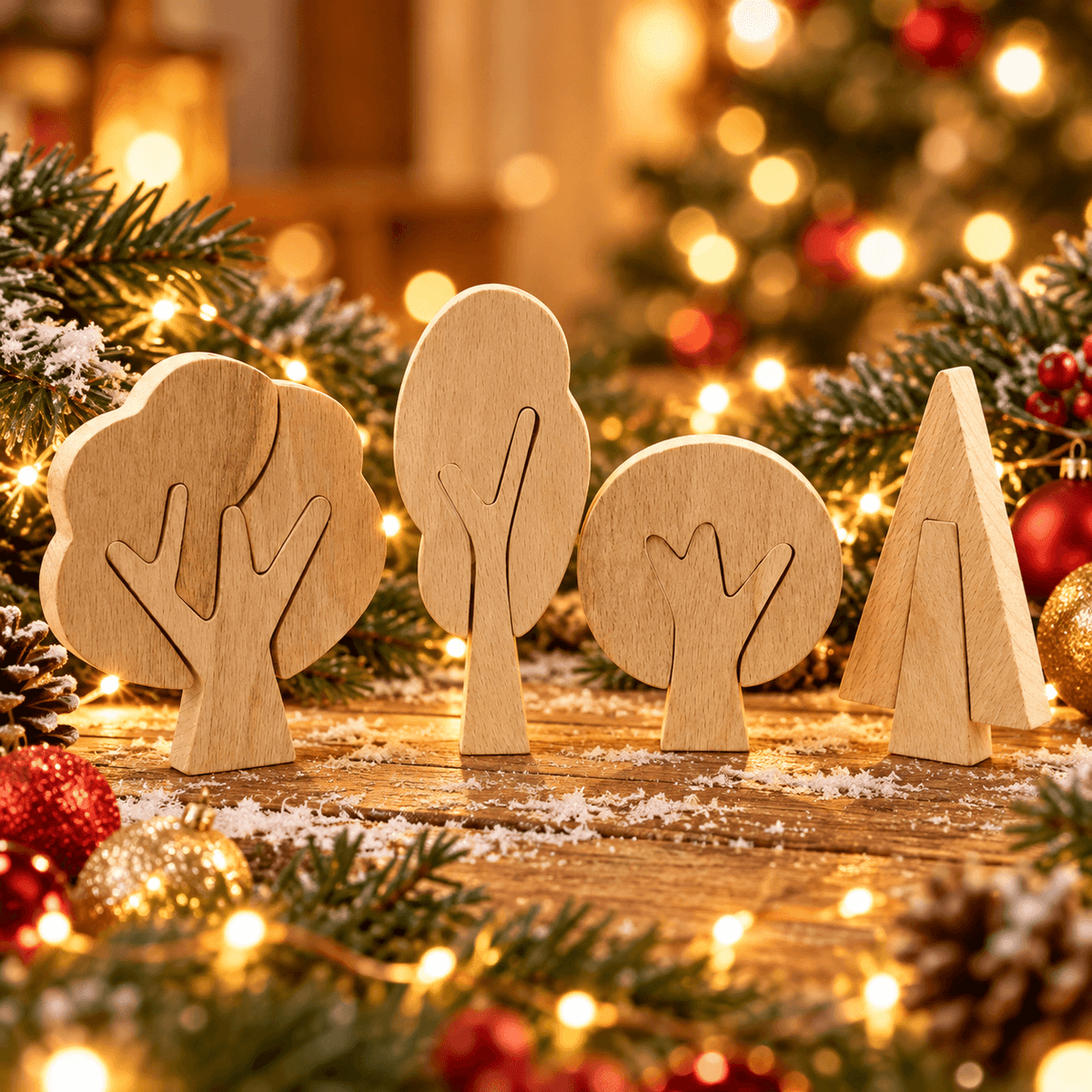 Four unfinished flat wooden tree shapes ready for DIY Christmas painting
