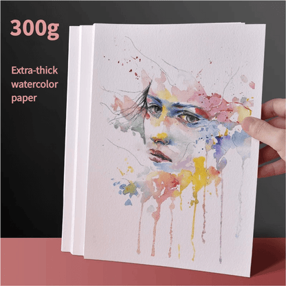 Extra-thick watercolor paper with an artistic portrait illustration showcasing vibrant colors and details.