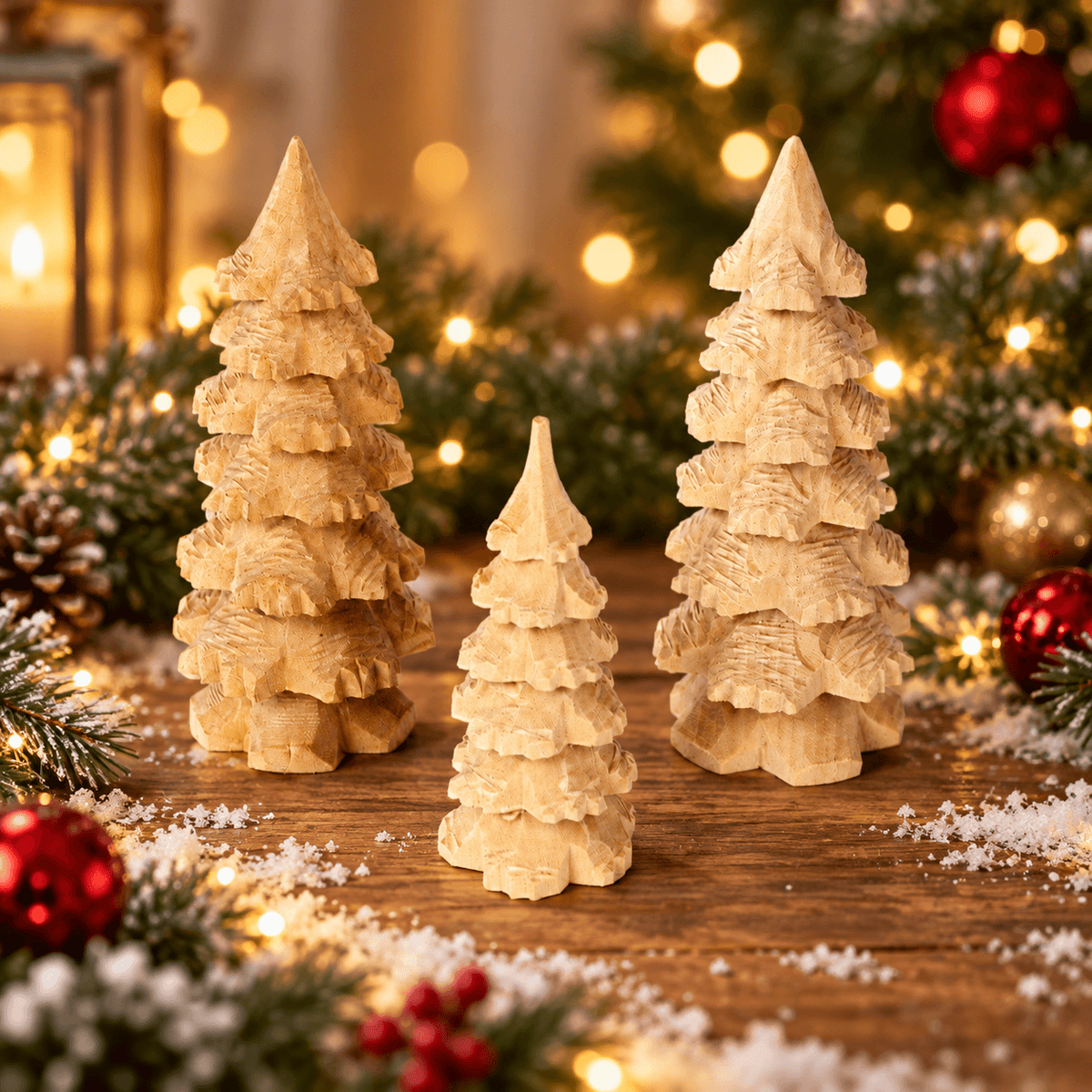 Hand carved wooden Christmas trees