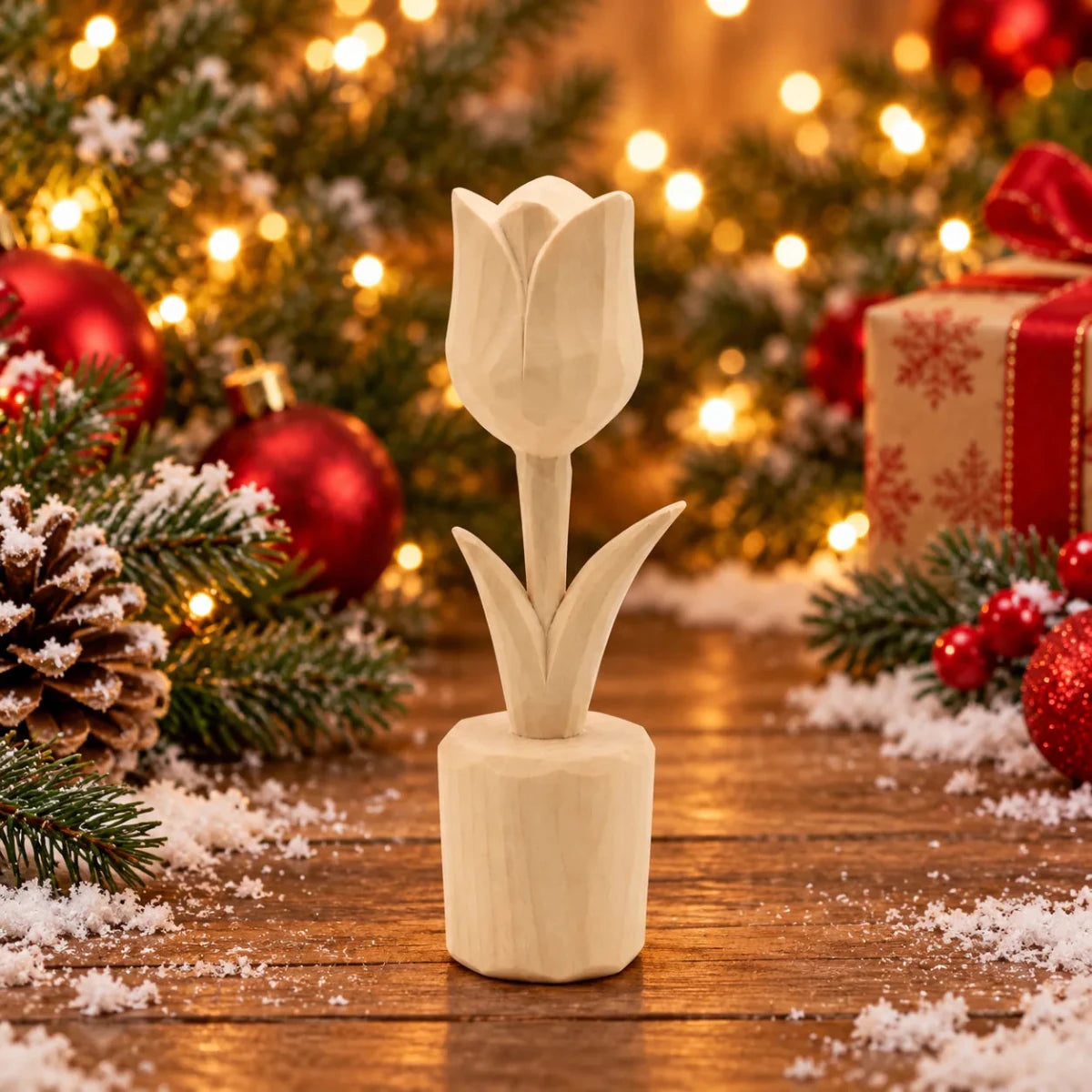 Unfinished hand-carved wooden tulip figurine on a wood base in a festive Christmas display