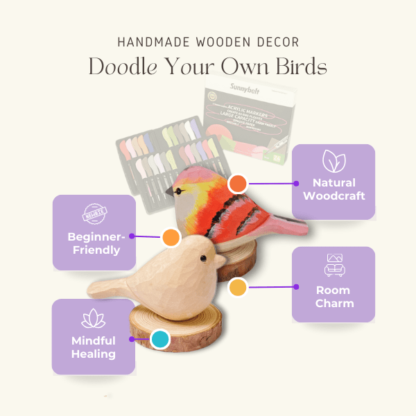 Handmade wooden birds that are beginner-friendly and promote mindful healing.