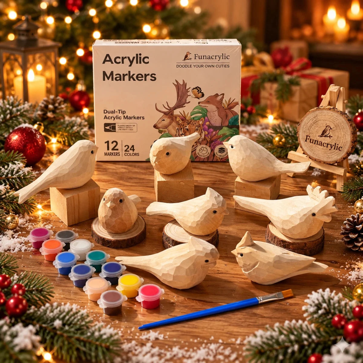 Wooden bird painting kit Christmas set display