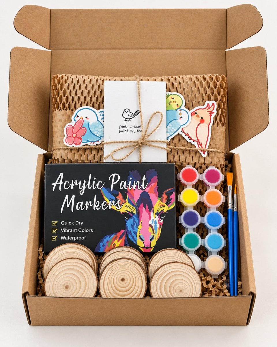 FunAcrylic wooden bird painting kit with colorful markers packed in a gift box