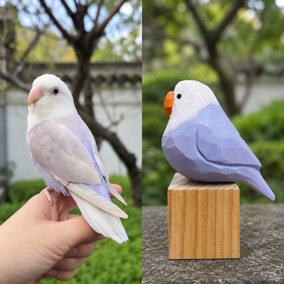 Hand-carved wooden parrot figurines shown before and after painting