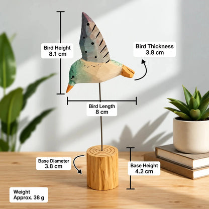 Wooden hummingbird ornament dimensions showing 8 cm length, 8.1 cm height, 3.8 cm thickness, and 38 g weight