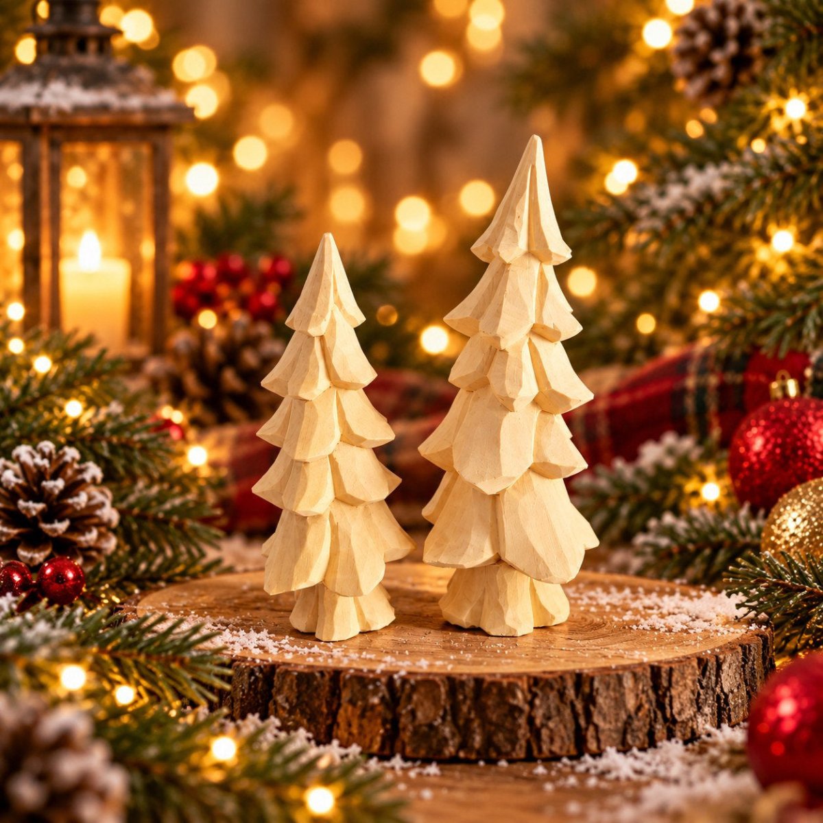 Collection of colorful hand-carved wooden Christmas trees arranged for a festive holiday display