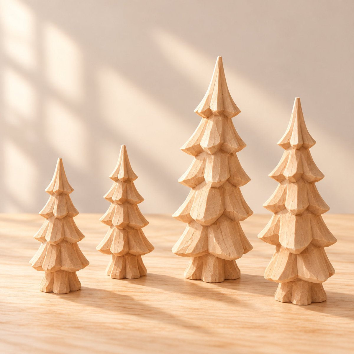 Four unfinished hand-carved wooden Christmas trees ready for painting