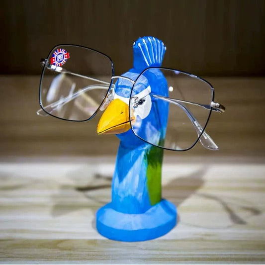 Colorful hand-painted peacock shaped wooden stand for holding eyeglasses safely